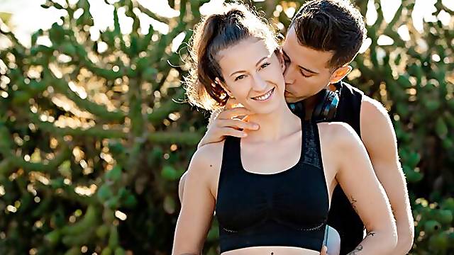 Sensual brown-haired angel Emylia Argan rides on a hard brown penis