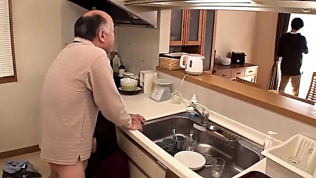 Young housewife enjoying lustful sex with father-in-law