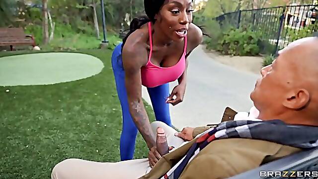 Curvaceous Ebony cock teaser is riding a rock hard dick in a local park and enjoying it