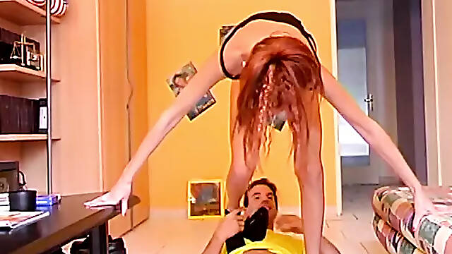 German curvy redhead slut rides long cock in retro scene