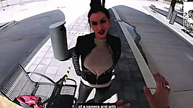 German MILF Sidney Dark's fake tits bounce as she sucks a young guy's giant boner