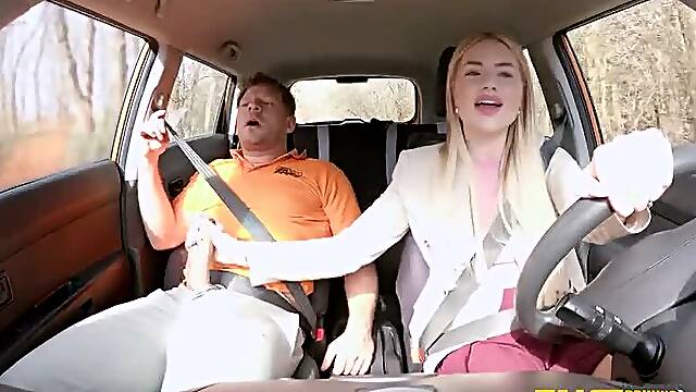 Fake Driving School French blonde MILF Georgia Koneva fast hard fuck outdoors POV car sex