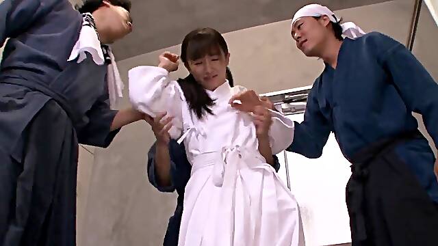 Rimu Sasahara gets her shaved Japanese cooch licked by a few men