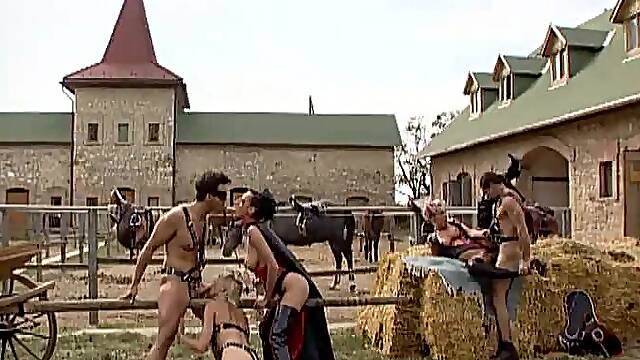 Severe sadomaso with blond and brunette babes in the farm