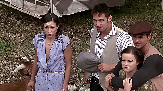 A couple of outlaws fuck some very hot chick down on the farm
