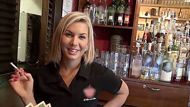 Barmaid Got Laid for Cash - smoking blonde barmaid Rihanna Samuel flirts with client