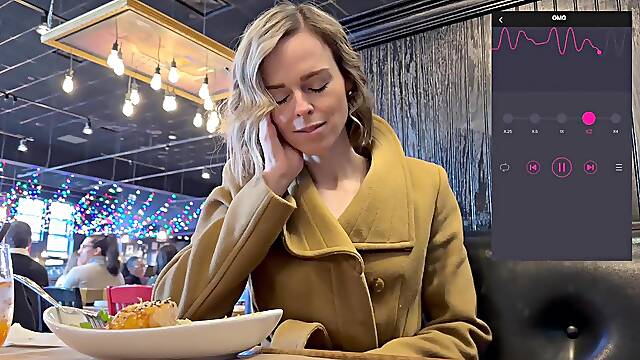 Public pleasure in changing room and restaurant with Lush remote controlled sex toy