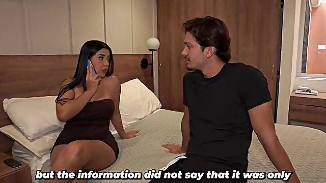 Brunette hair stepmother ends up sharing a hotel couch with her stepson due to a misunderstanding