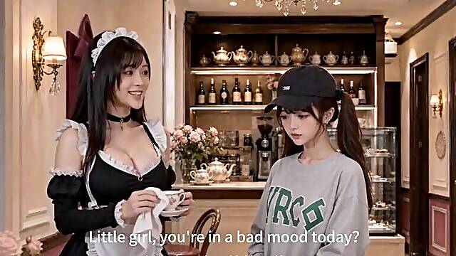 A haven for dudess souls, a hidden maid café. AI-generated.