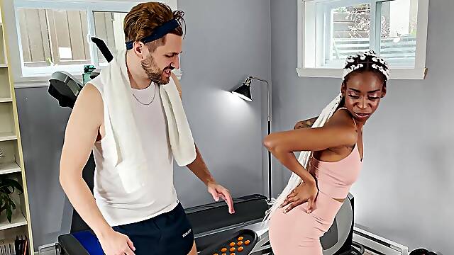 Ebony seductress Mocha Honey and hunky Dave March heat up the gym with steamy interracial passion