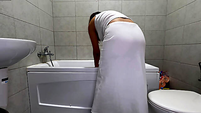 White Dress Fart Disaster in the Bathroom