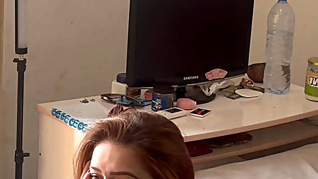 Mask Invades Tattooed Redhead: Rough Blowjob, Slap in the Face and Cum on the Face